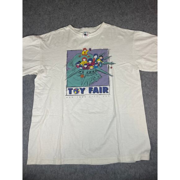 VINTAGE 90s 93rd Toy Fair Shirt Mens XL White Graphic Crewneck Short Sleeve Tee - Picture 1 of 5